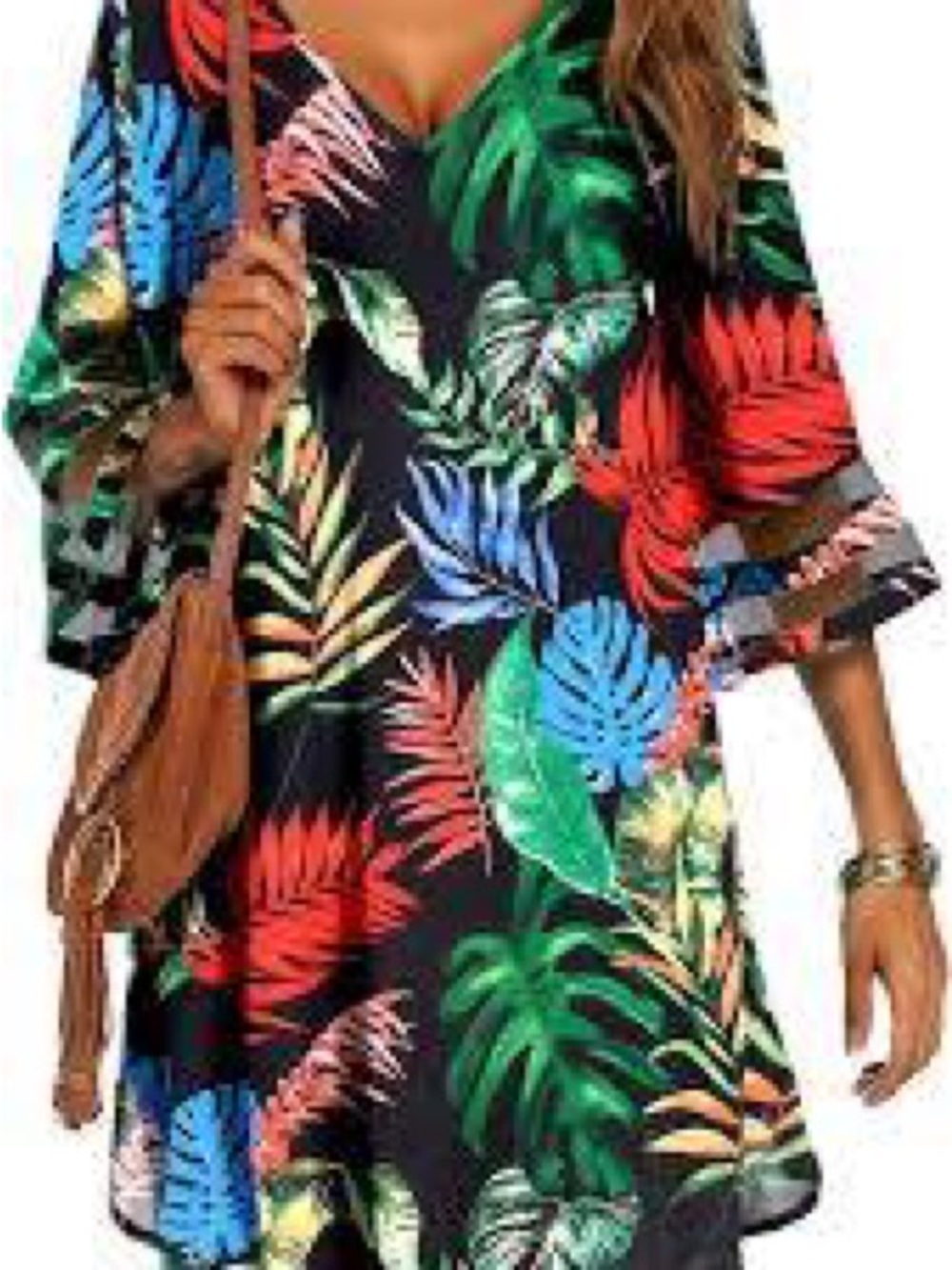 Ekouaer Tropical Leaf V Neck Tunic Swim Cover Up Dress Black Multi XXL NWOT